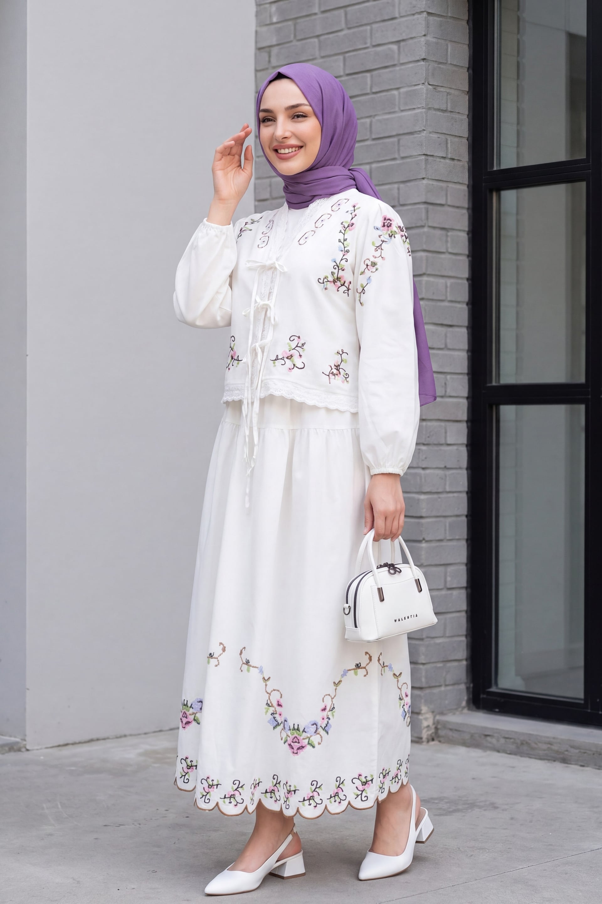 White Linen Kimono Set with Cross-Stitch Embroidery and Tiered Skirt - Podyumplus - by Peralane