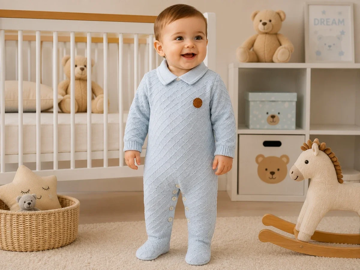 Knitted Baby Romper with Feet - Light Blue - Has Bereket - by Peralane