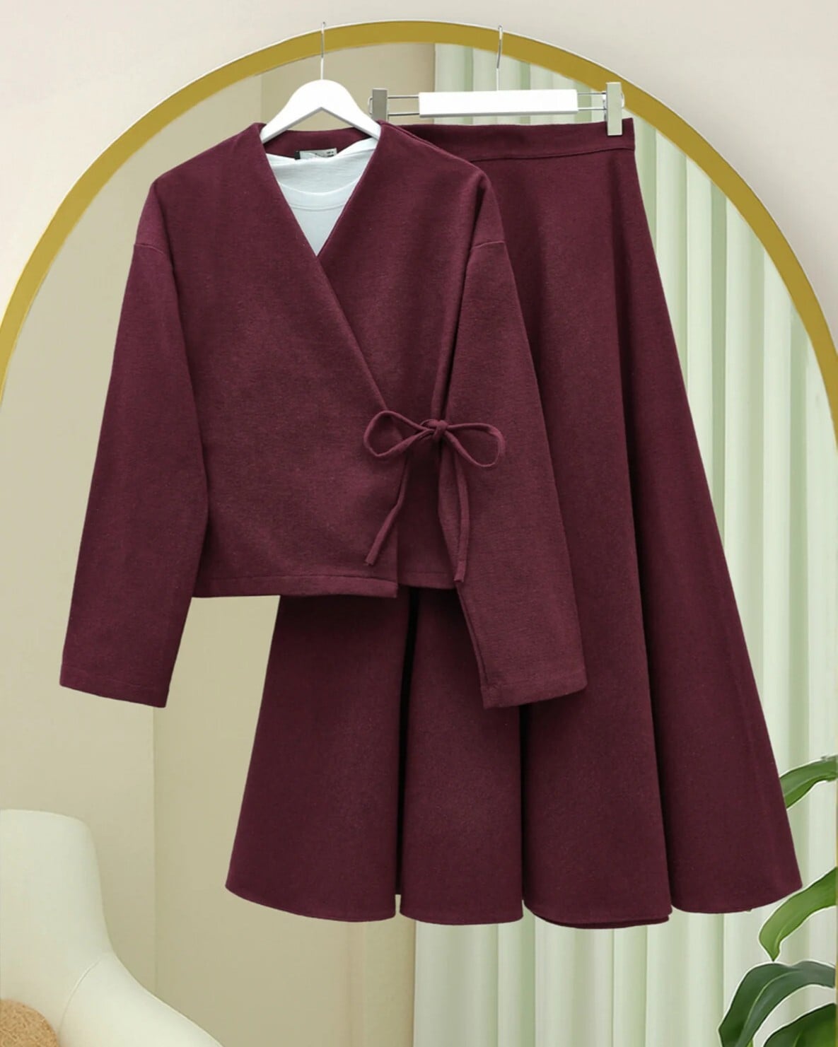 Burgundy Wrap-Front Skirted Kimono Set - Podyumplus - by Peralane - photo 3