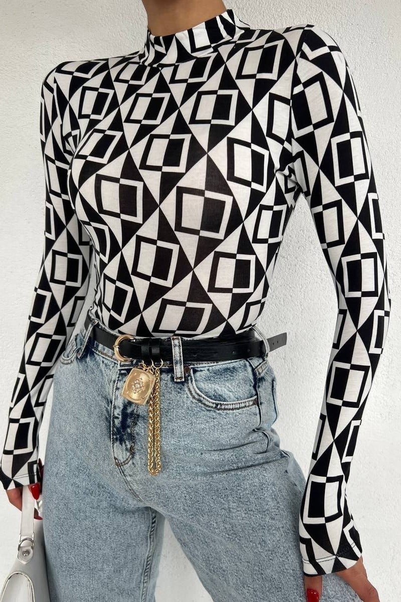 Mixed Geometric Print Mock Neck Long Sleeve Top - Podyumplus - by Peralane