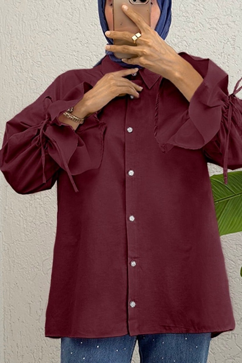 Burgundy Gather-Sleeve Pleated-Back Blouse - Podyumplus - by Peralane - photo 2