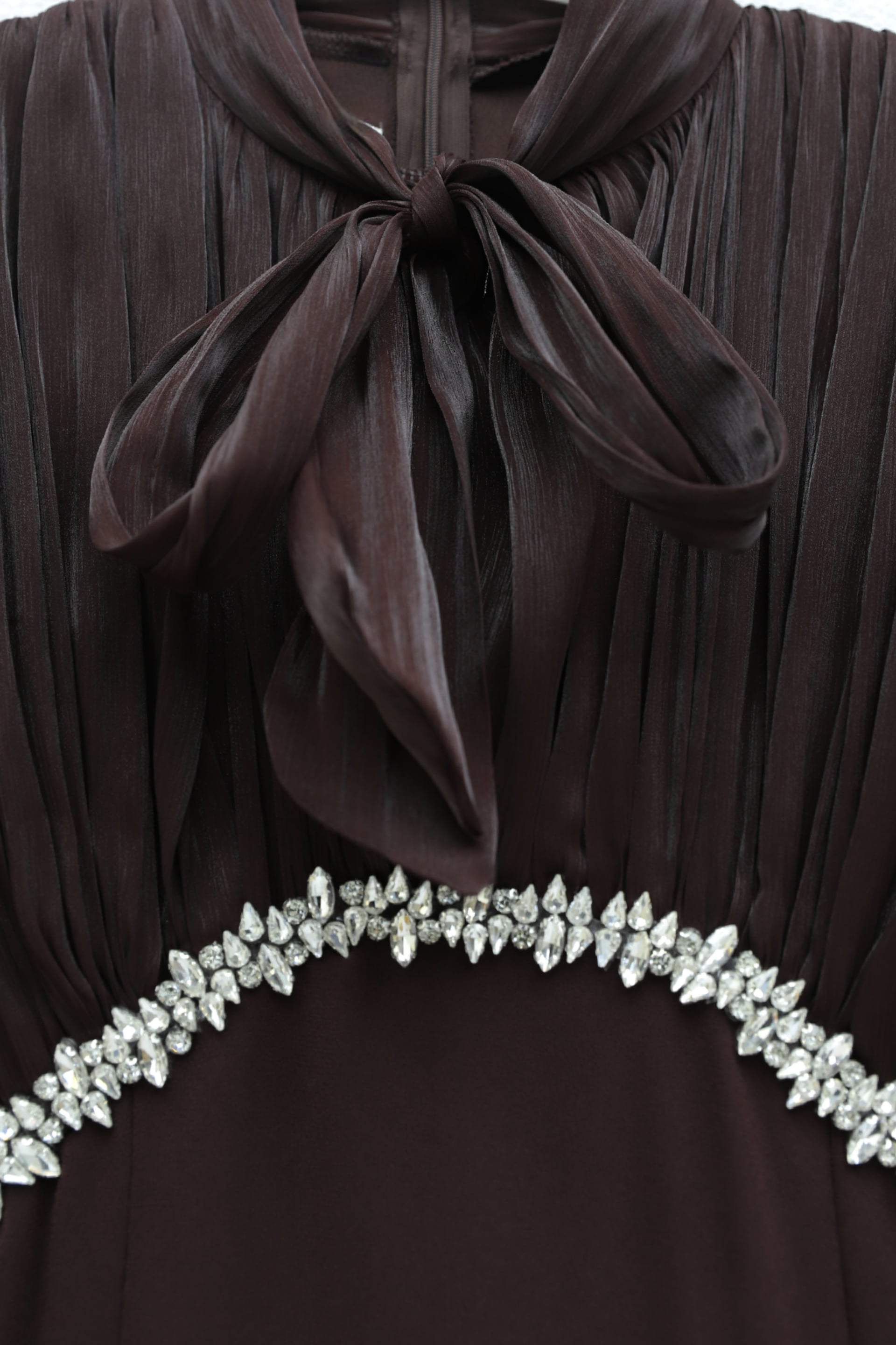 Brown Lace-Up Neck and Sleeves Pleated Satin Skirt Crepe Dress - Podyumplus - by Peralane - photo 4