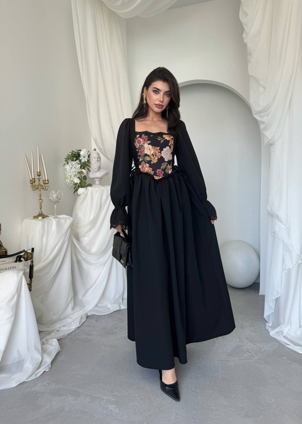 Ponsa Midi Dress with Floral Print and Lace Trim - Black - Etika - by Peralane - photo 4