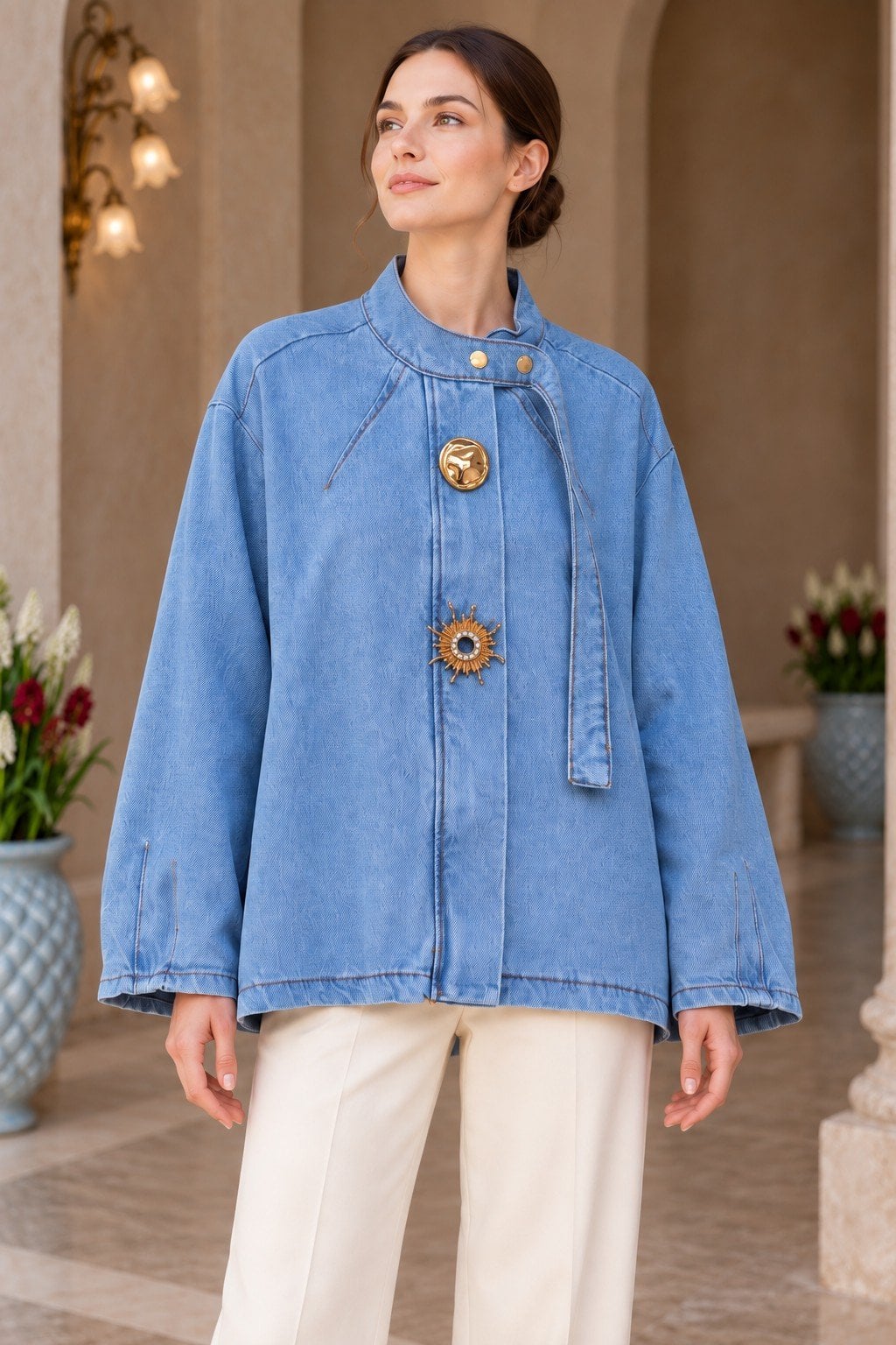 Oversize Denim Jacket with Tie Detail for Women - Light Wash - Xlove - by Peralane