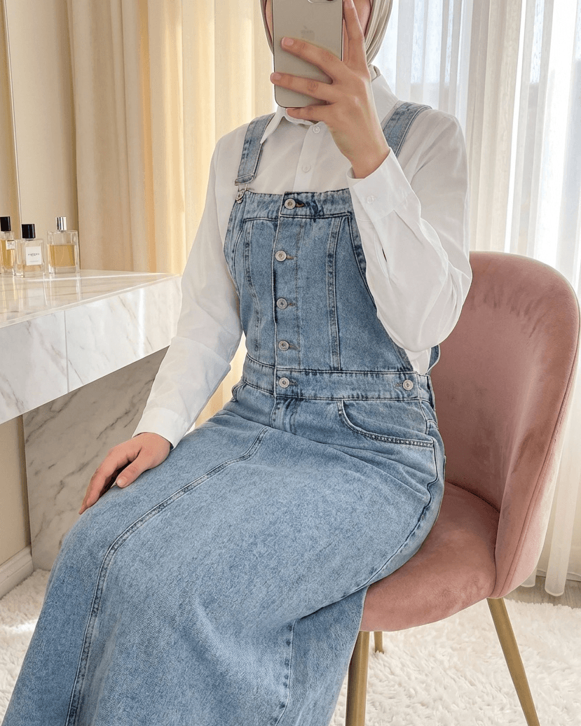 Half Button Pocket Denim Pinafore Dress - Ice Blue - Podyumplus - by Peralane - photo 2