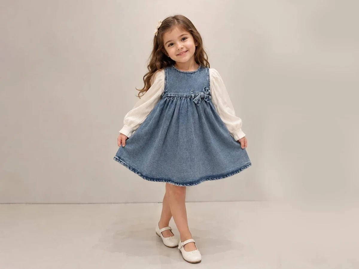 Bow Detail Denim Pinafore Dress Set with Blouse - Mensis - by Peralane