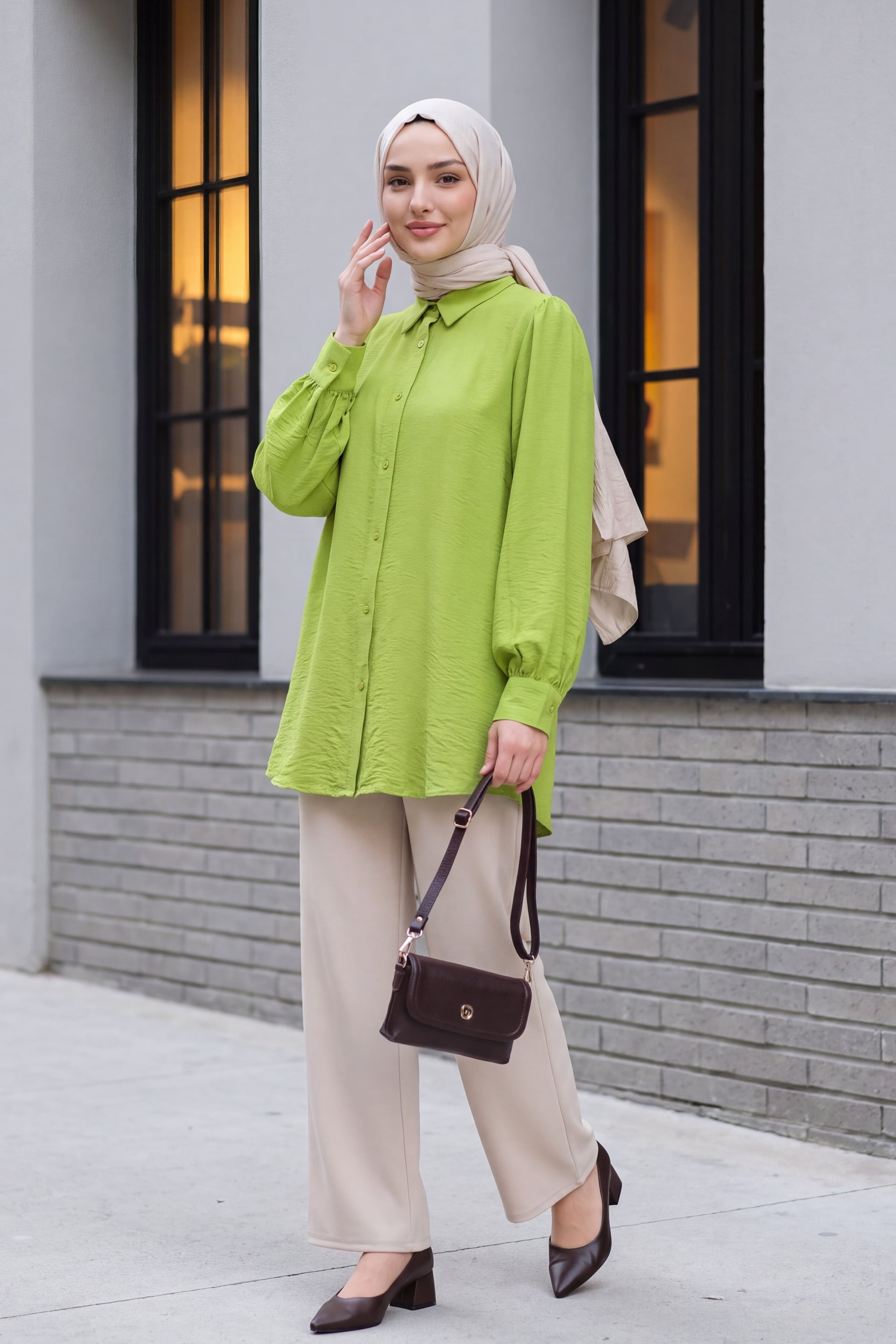 Balloon Sleeve Straight Tunic - Pistachio Green - Podyumplus - by Peralane - photo 5