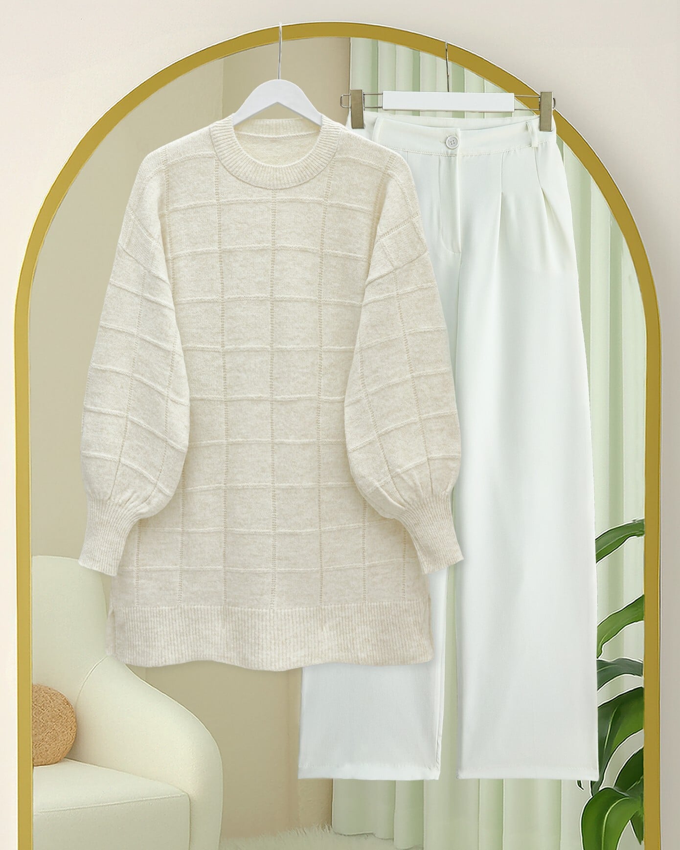 Cream Grid Pattern Slit Knit Tunic - Podyumplus - by Peralane - photo 4