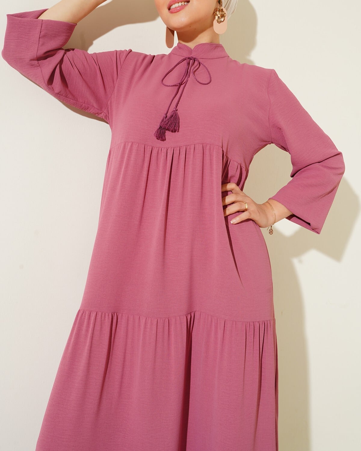 T1627 Tie Neck Long Dress - Dusty Pink - Bigdart - by Peralane - photo 6