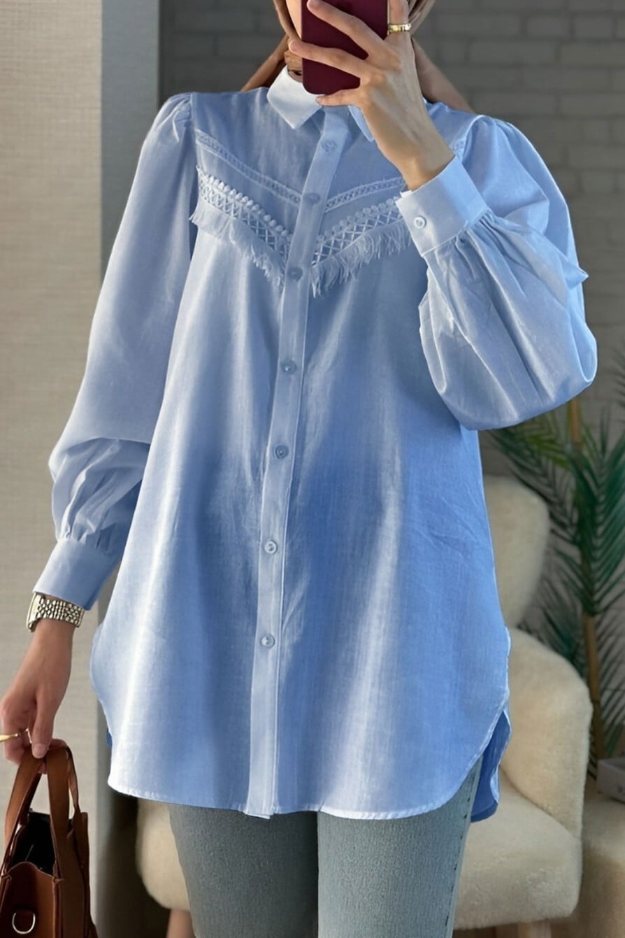 Light Blue Puff Sleeve Tunic with Lace Details - Podyumplus - by Peralane - photo 7