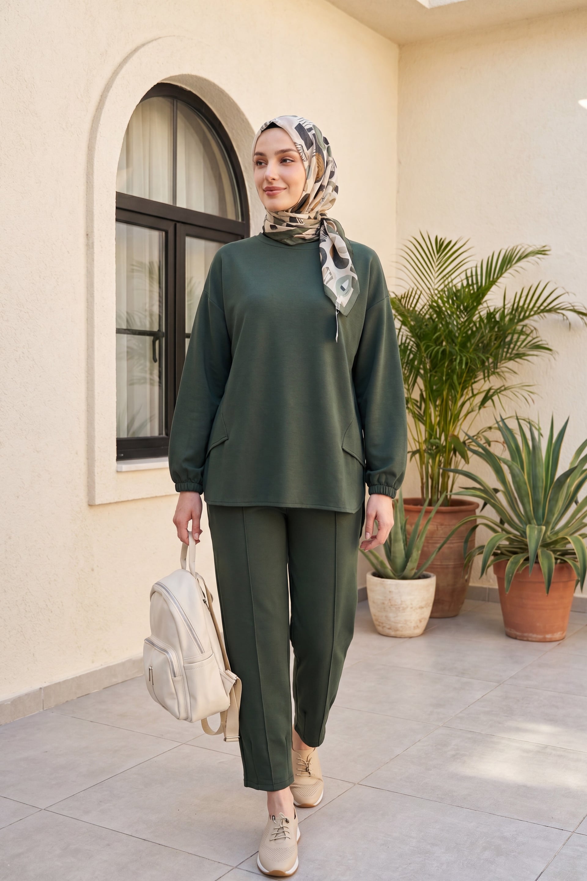 Long Back Bicycle Neck Long-Sleeve Top and Trousers Tracksuit Set - Khaki - Podyumplus - by Peralane - photo 3