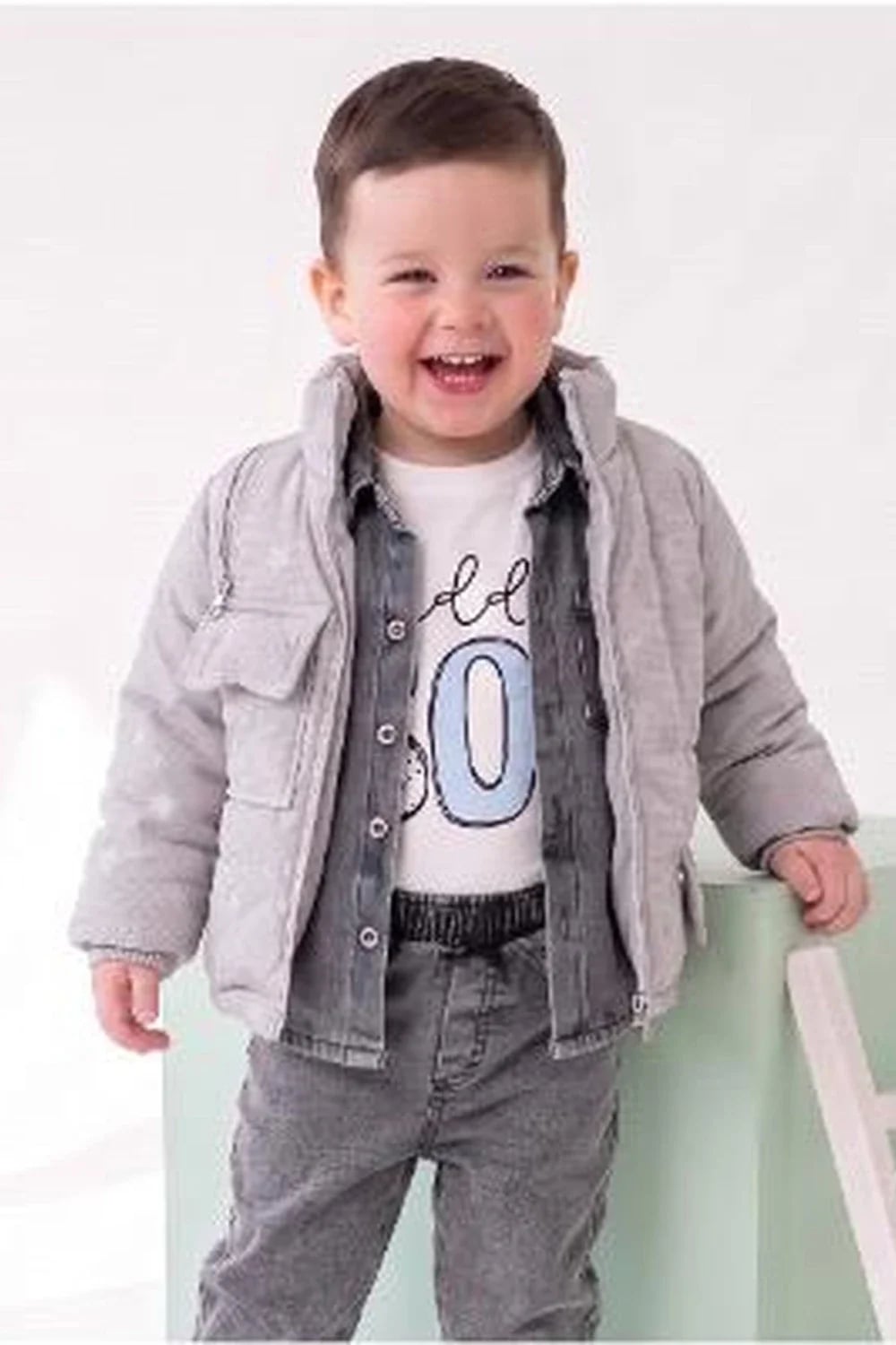 Boys' 4-Piece Outfit Set with T-Shirt, Denim Shirt, Puffer Jacket, and Jeans - Grey - Has Bereket - by Peralane