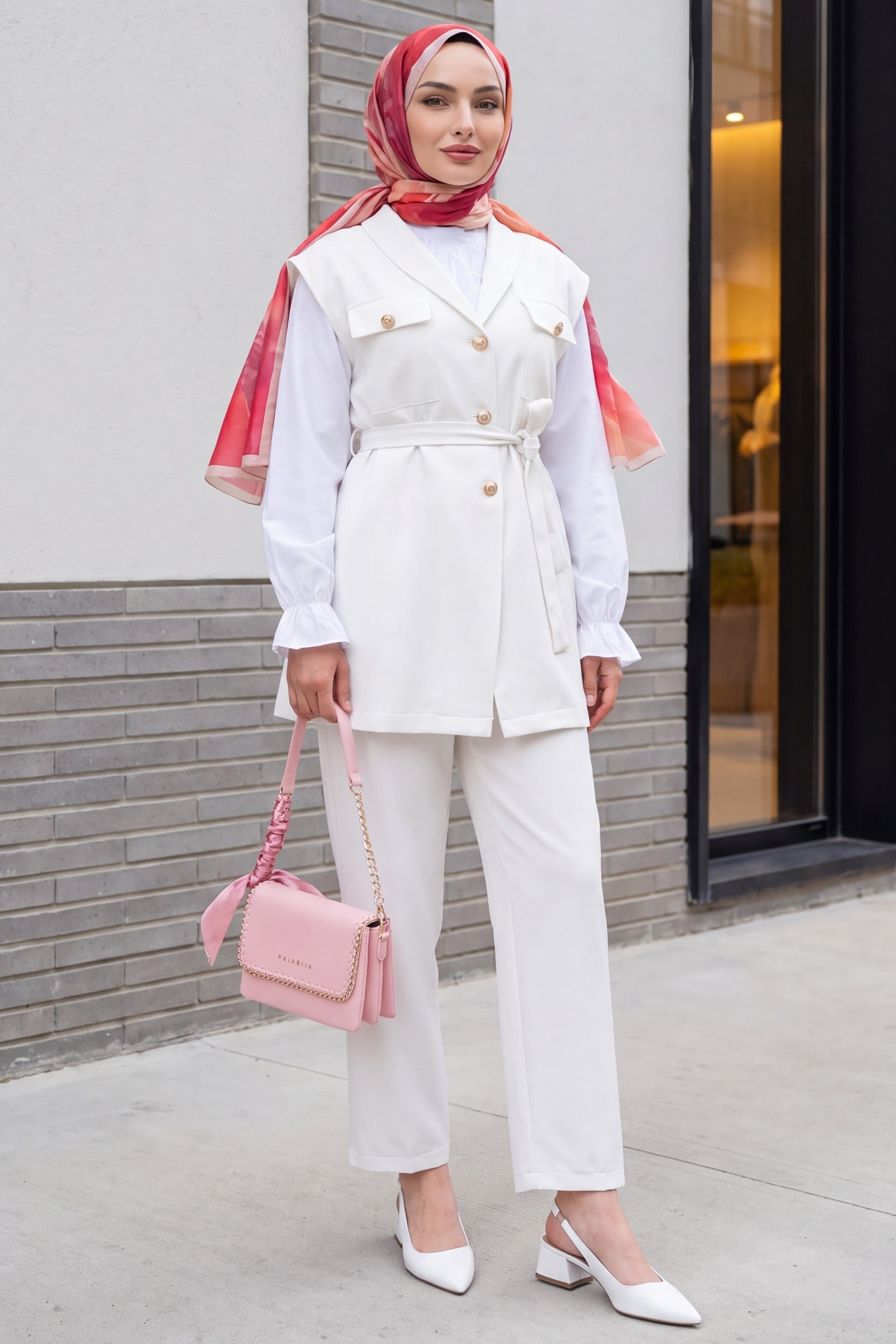 Ecru Three-Piece Set with Long-Sleeved Blouse, Vest and Trousers - Podyumplus - by Peralane