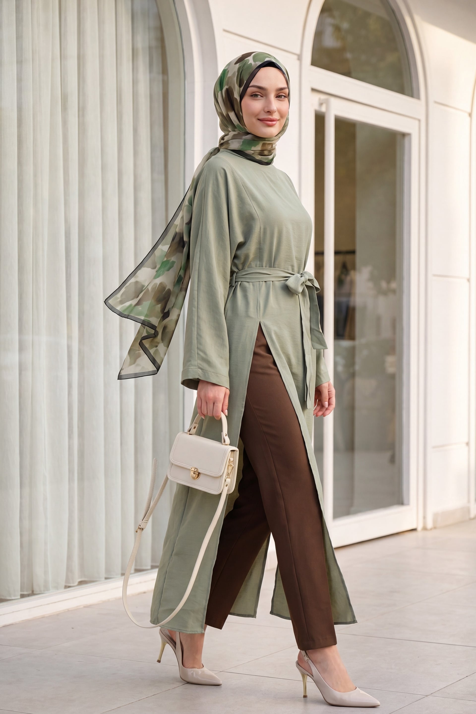 High-Neck Deep-Slit Belted Long Modal Tunic - Olive Green - Podyumplus - by Peralane - photo 2