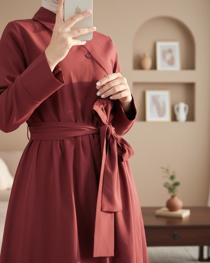 Cross Button Wrap Belt Shirt Collar Dress - Burgundy - Podyumplus - by Peralane - photo 3