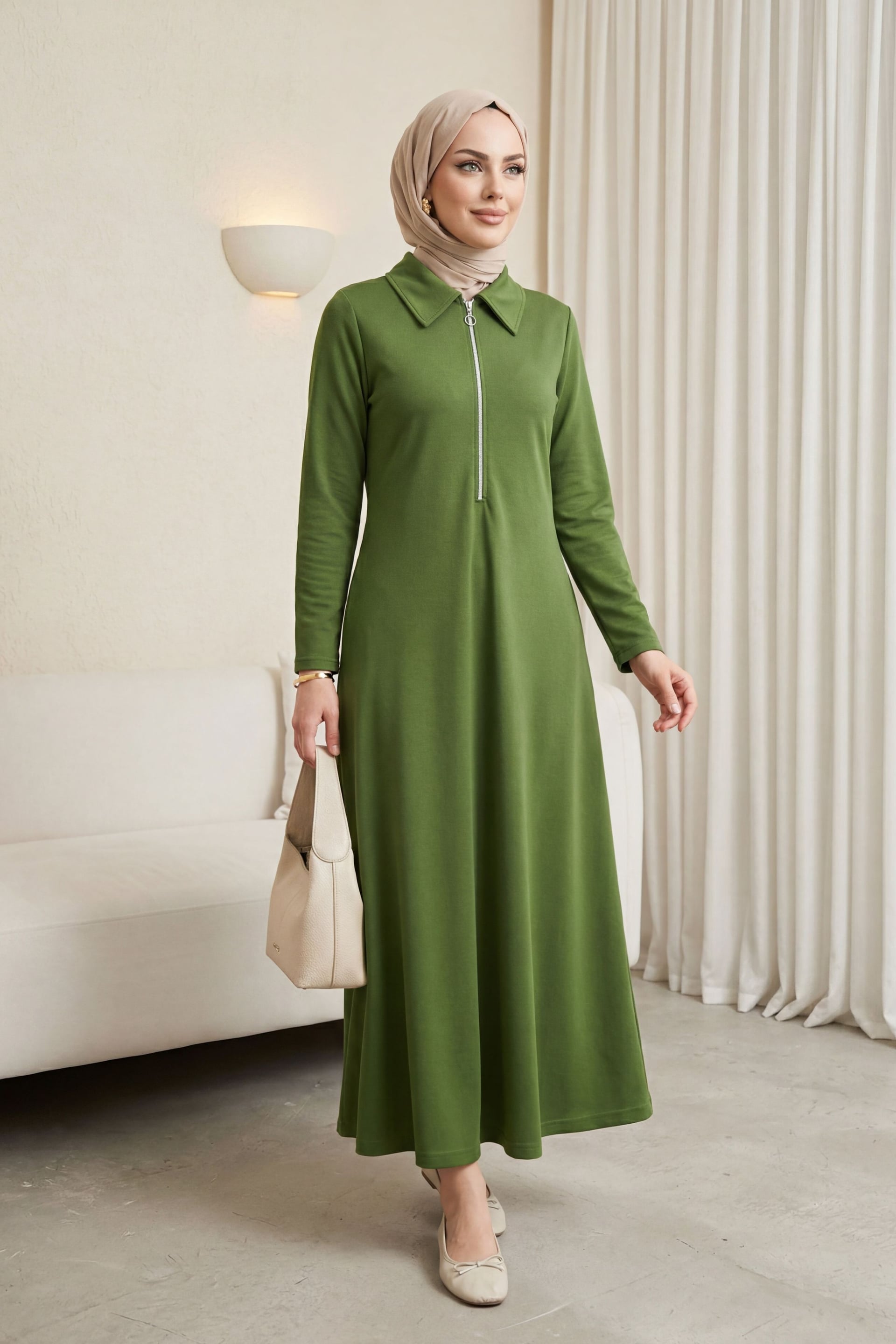 Half-Zip Long-Sleeve Shirt Collar Maxi Dress - Dark Green - Podyumplus - by Peralane - photo 6
