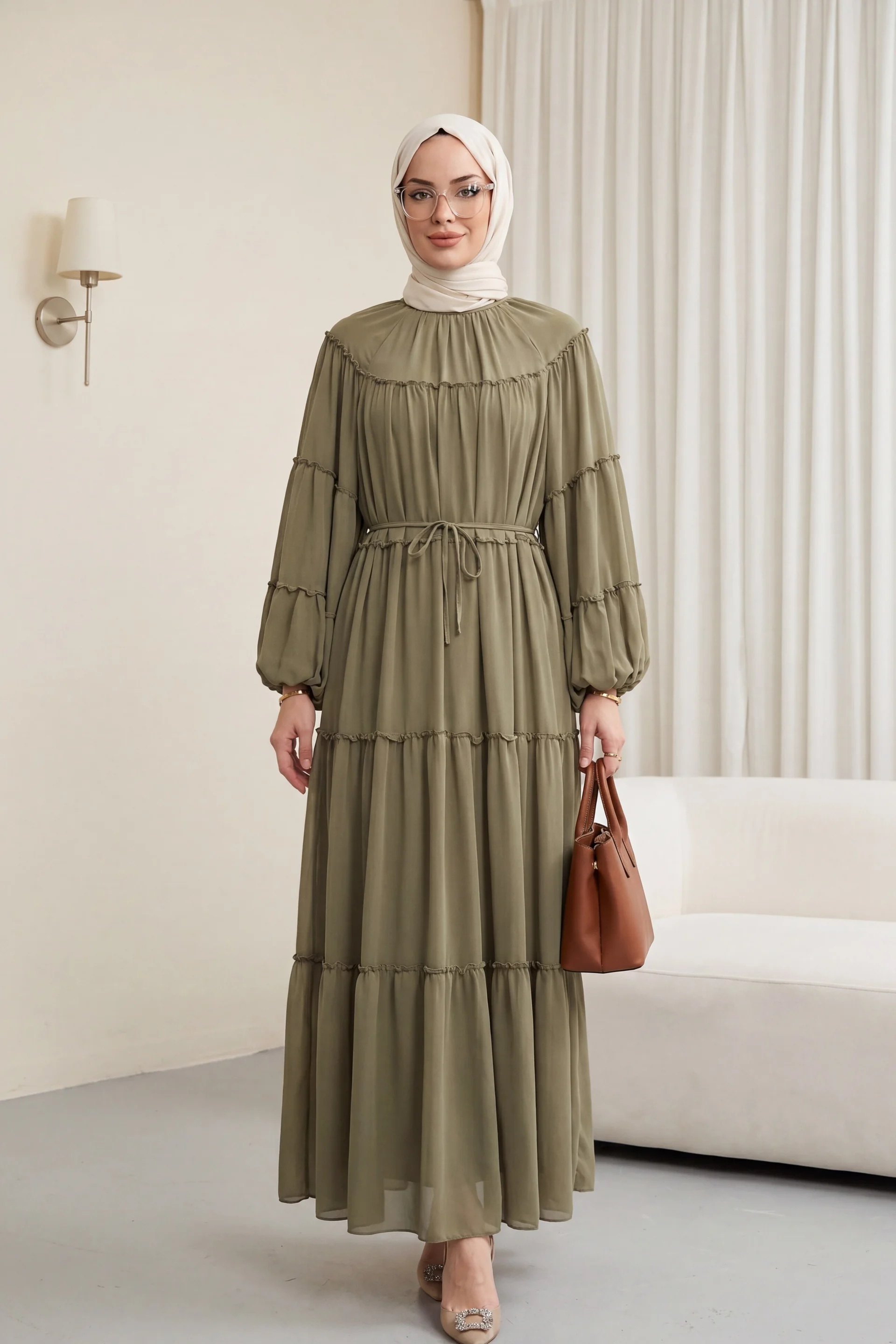 High Neck Tiered Ruffle Detail Dress with Tie Belt - Camouflage - Podyumplus - by Peralane - photo 3