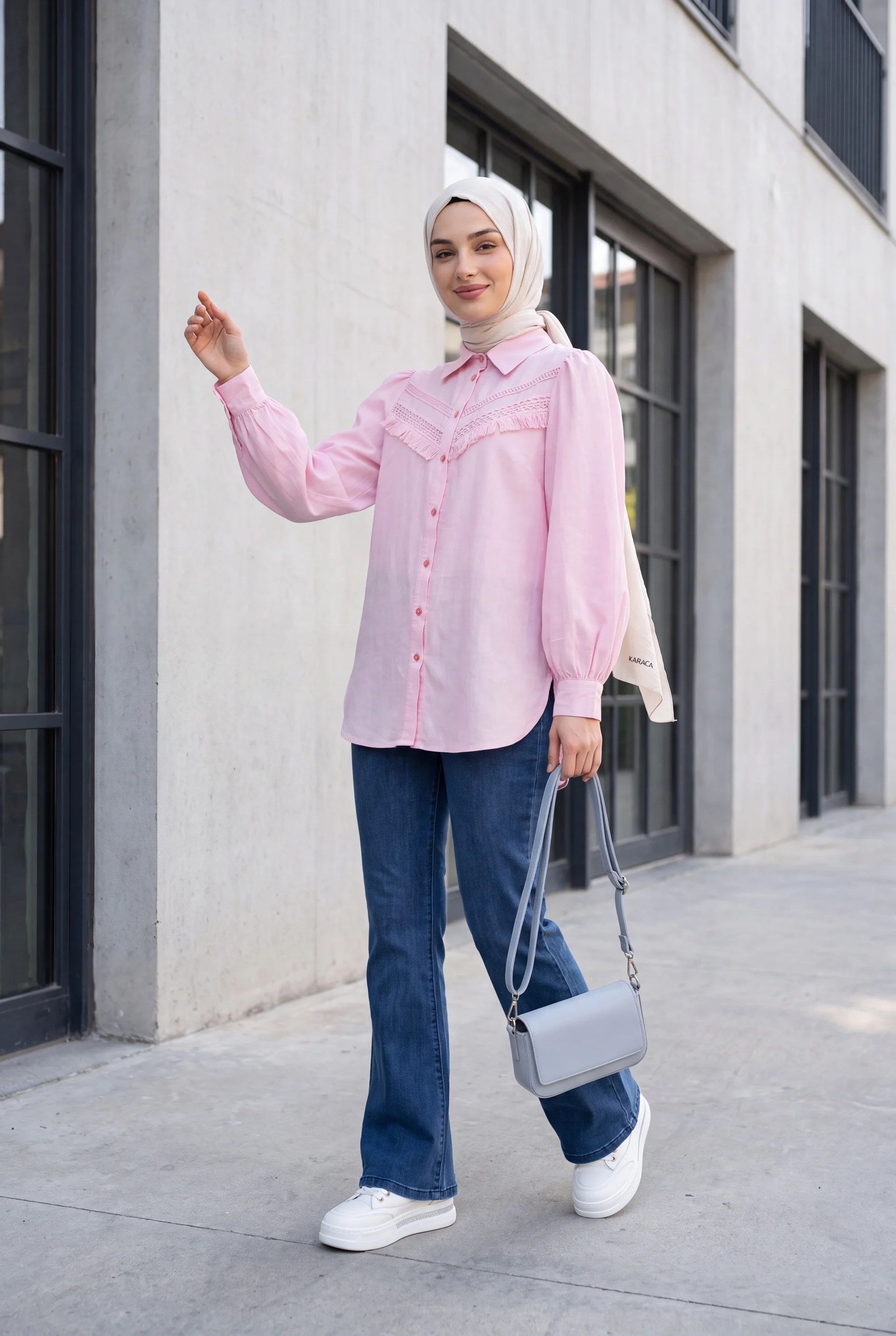Gathered Shoulder Tunic Blouse with Fringe Trim - Powder Pink - Podyumplus - by Peralane - photo 2