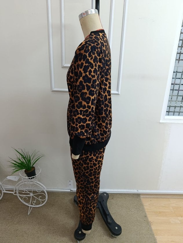 Women's Long Sleeve V-Neck Leopard Print Two-Piece Lounge Set with Drawstring Pants - Janes - by Peralane - photo 5