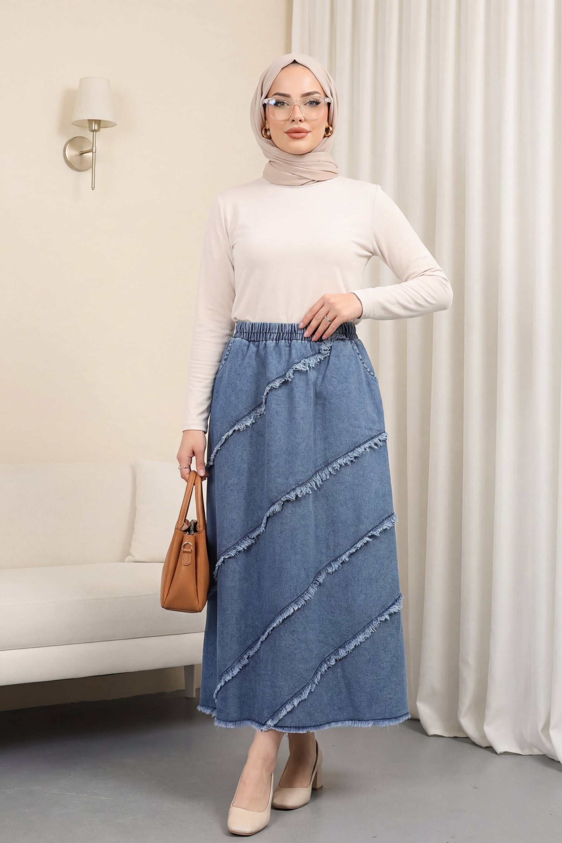 Frayed Hem Elastic Waist Denim Maxi Skirt - Blue - Podyumplus - by Peralane