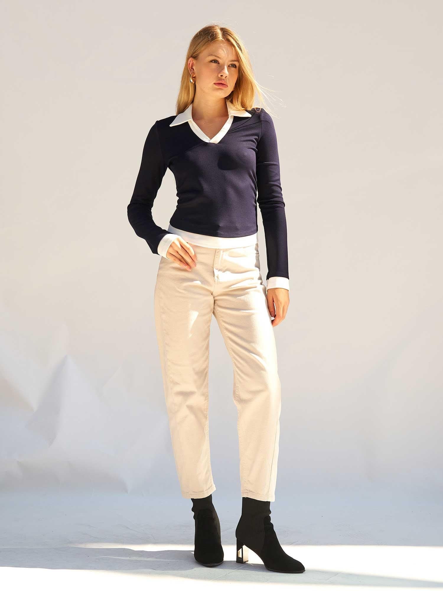 Navy Blue Long-Sleeved Knit Blouse with White Collar and Cuffs - Lefon - by Peralane - photo 4