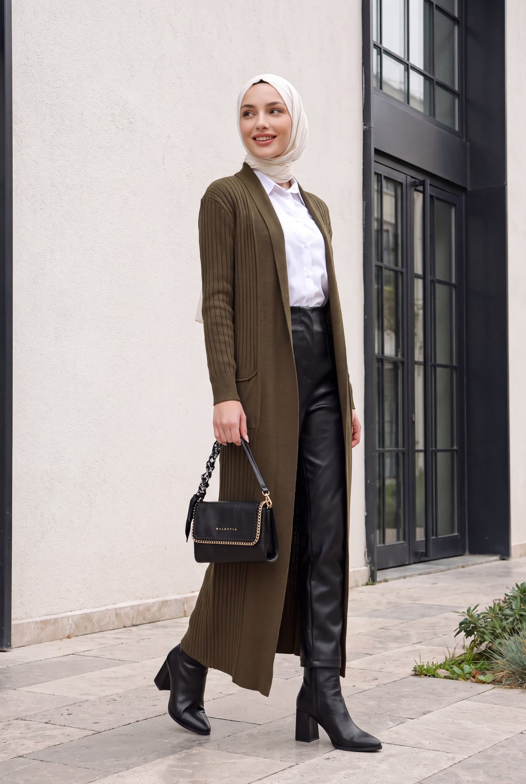 Long Ribbed Knit Cardigan with Belt - Khaki - Wholeskop - by Peralane