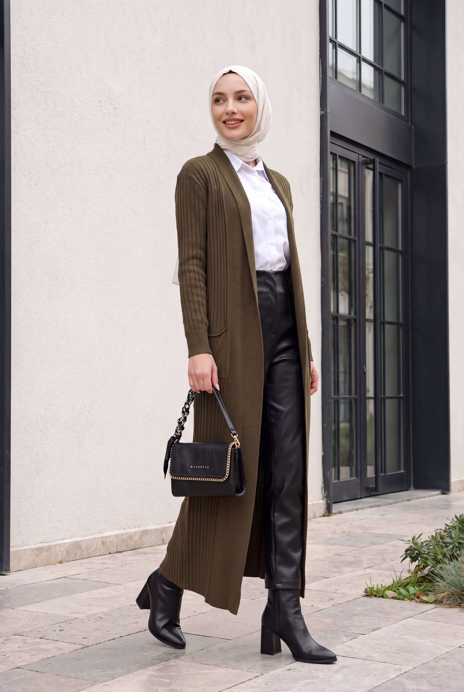 Long Ribbed Knit Cardigan with Belt - Khaki - Wholeskop - by Peralane