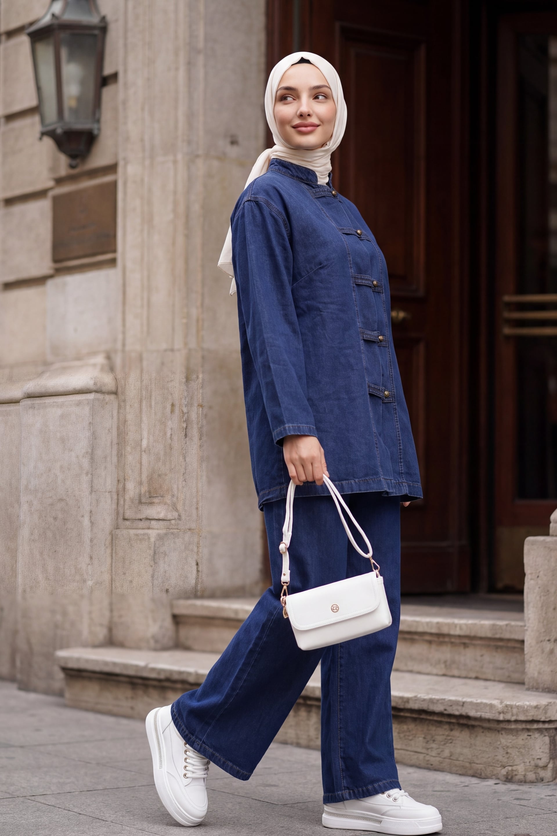 Indigo Denim Two-Piece Set with Mandarin Collar and Metal Buttons for Women - Podyumplus - by Peralane - photo 4