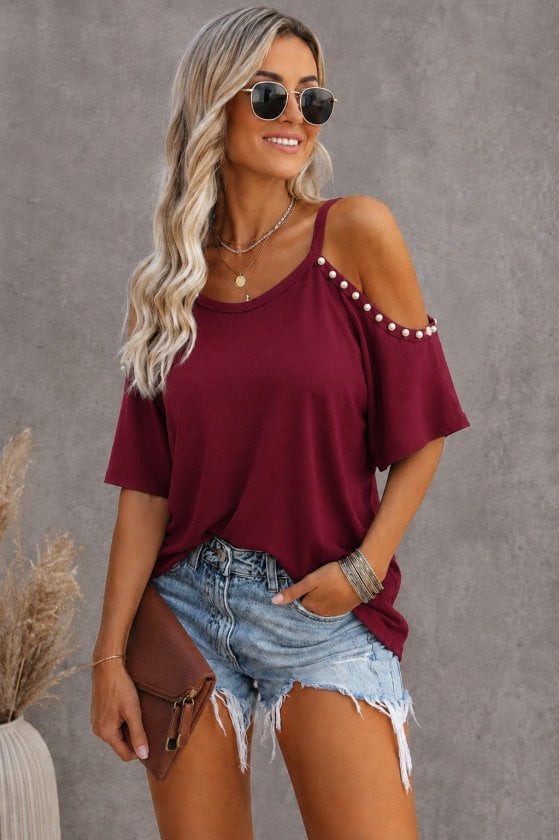 Women's Short-Sleeve Cold-Shoulder Pearl-Trimmed Viscose Blouse - Janes - by Peralane - photo 2