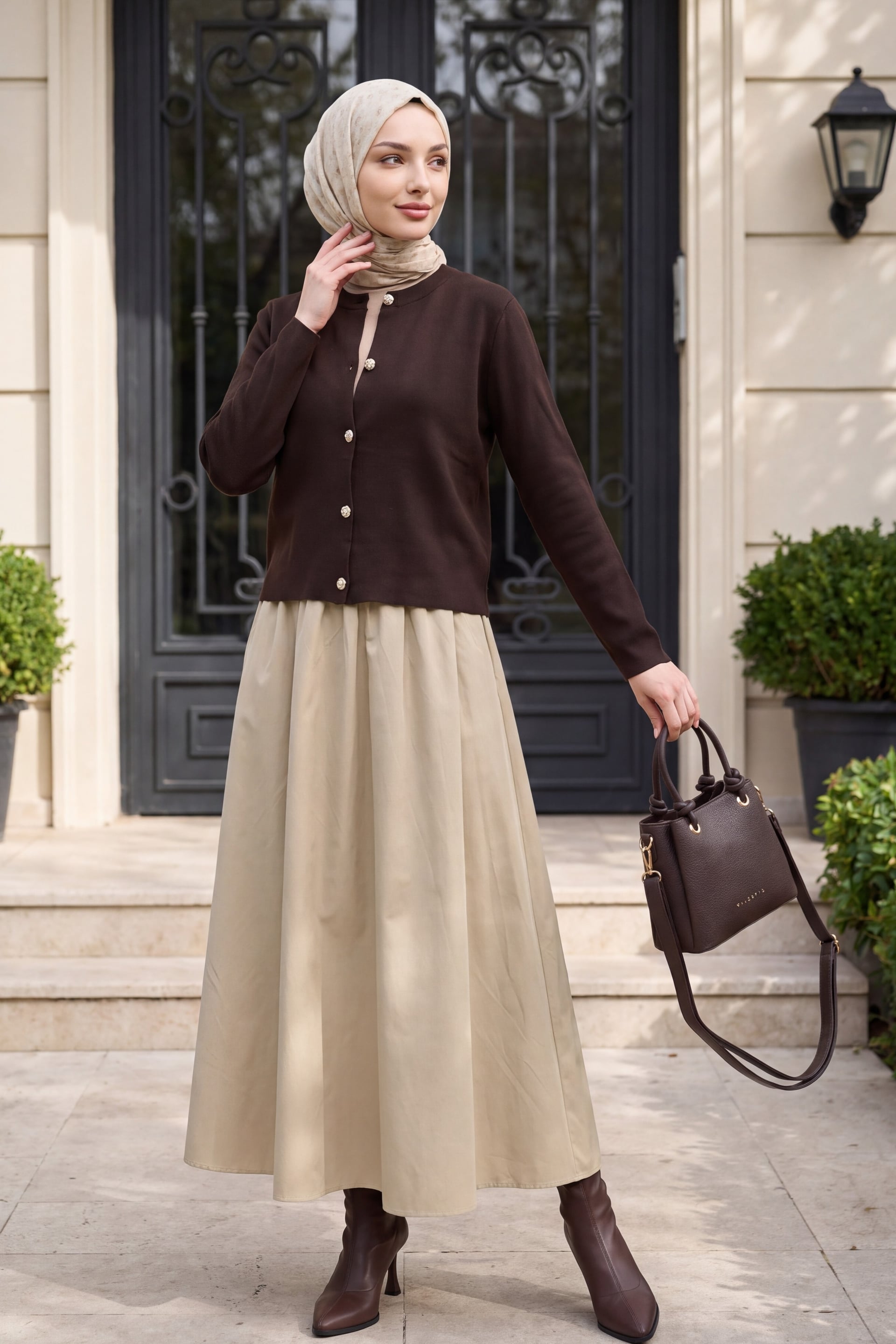Buttoned Round Neck Knit Cardigan - Dark Brown - Podyumplus - by Peralane - photo 3