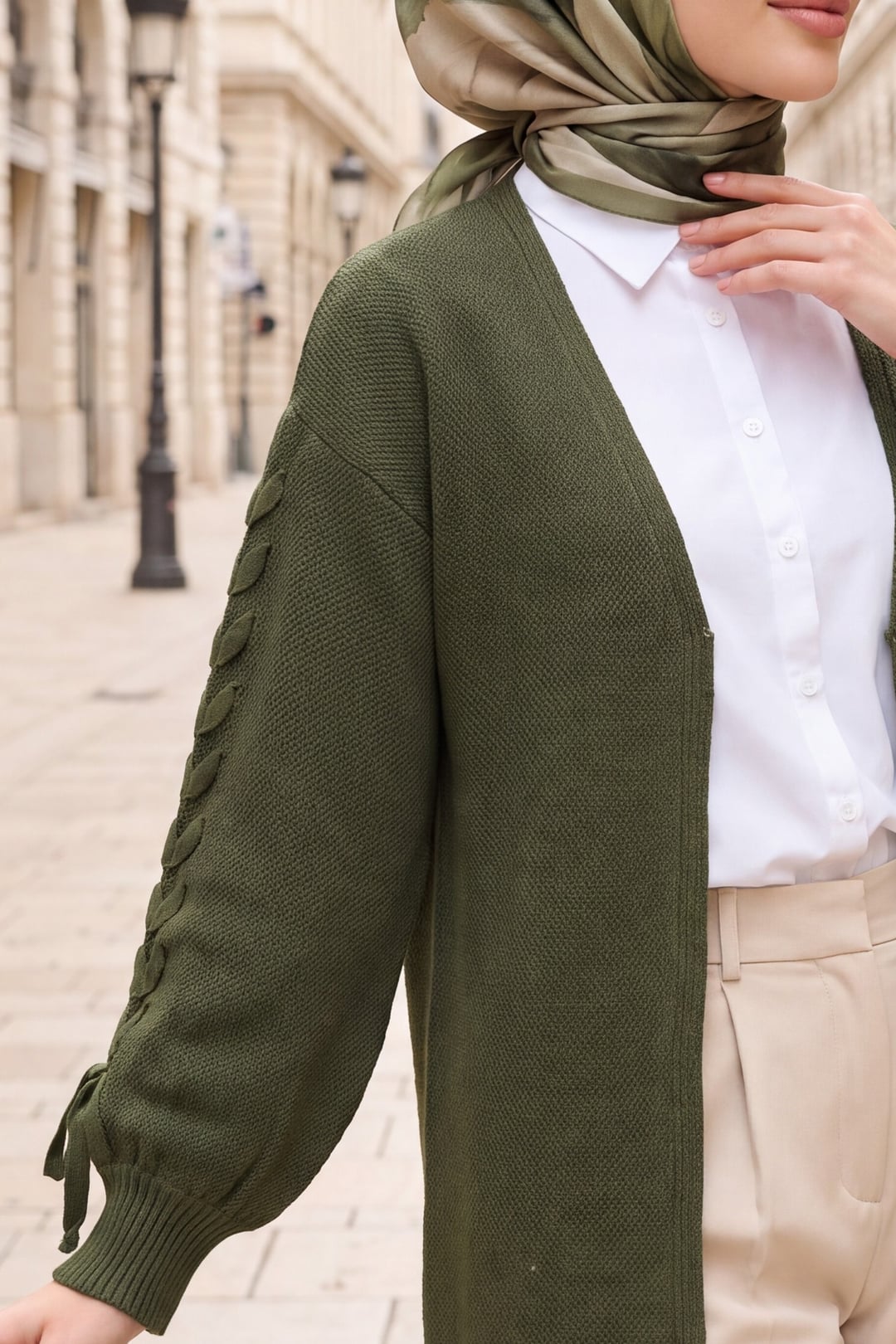 Braided Sleeve Relaxed Knit Cardigan - Olive - Podyumplus - by Peralane - photo 3