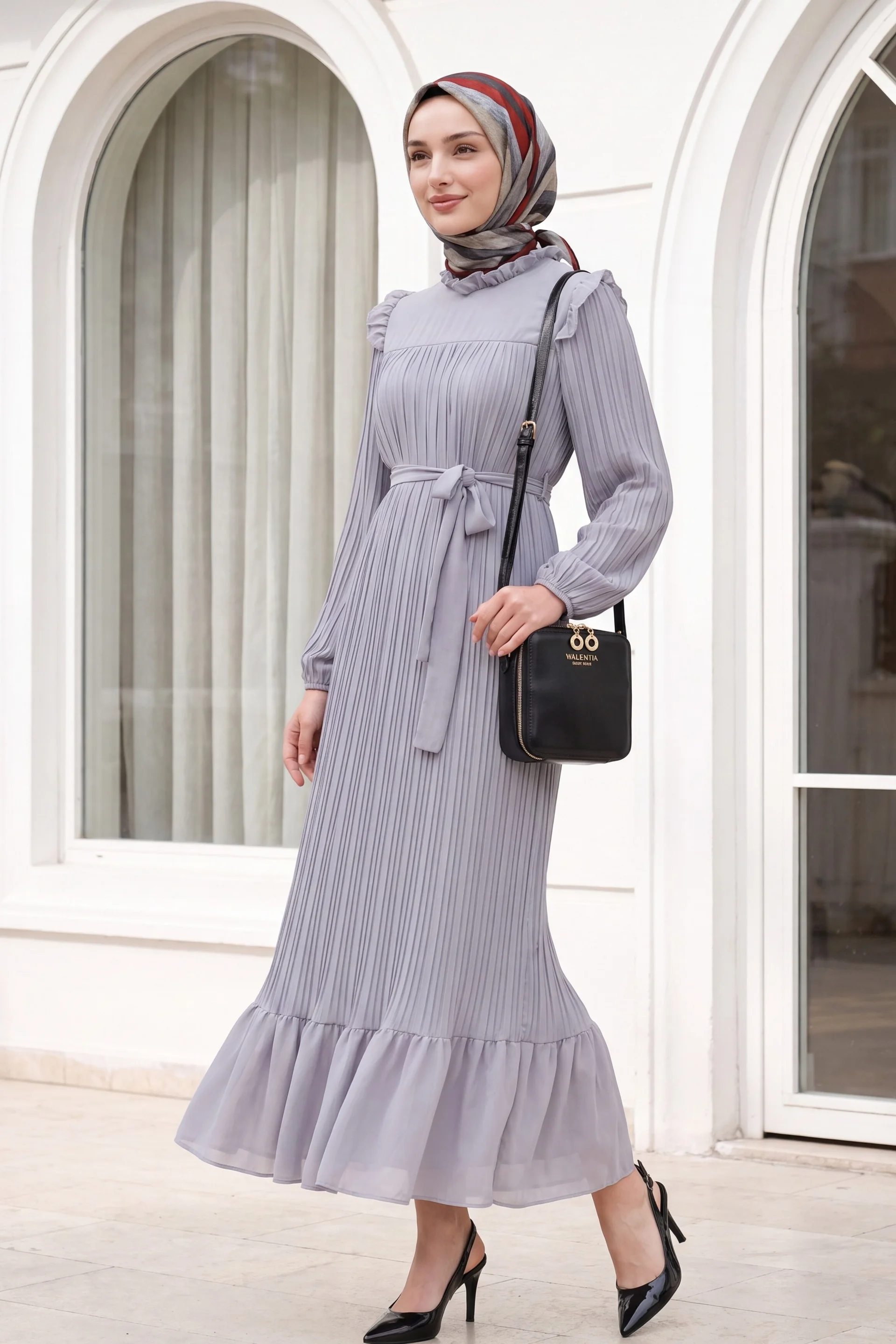 Women's Pleated Modest Dress with Ruffled Details - Grey - Podyumplus - by Peralane - photo 5