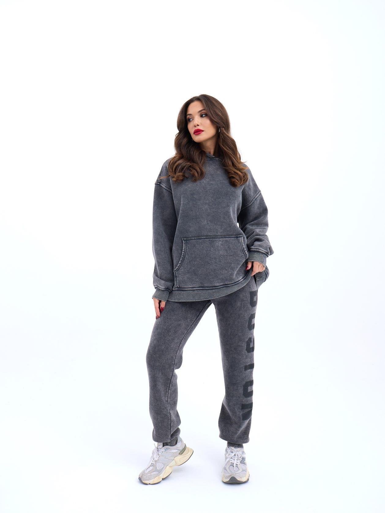 Washed Charcoal Grey Cotton Hoodie and Trousers Tracksuit Set - Fame - by Peralane - photo 4