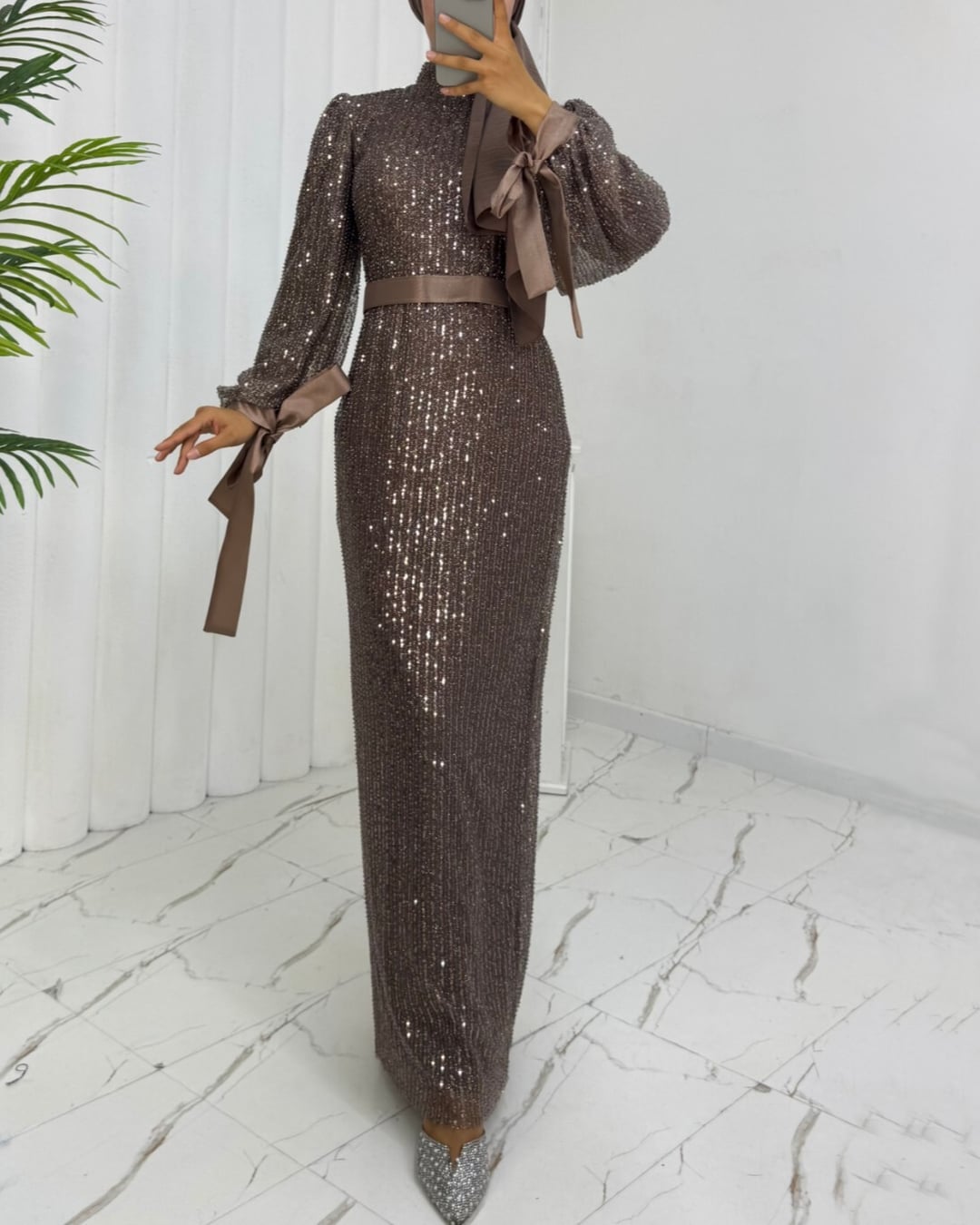Sequined Evening Dress with Belt - Light Brown - Podyumplus - by Peralane - photo 4