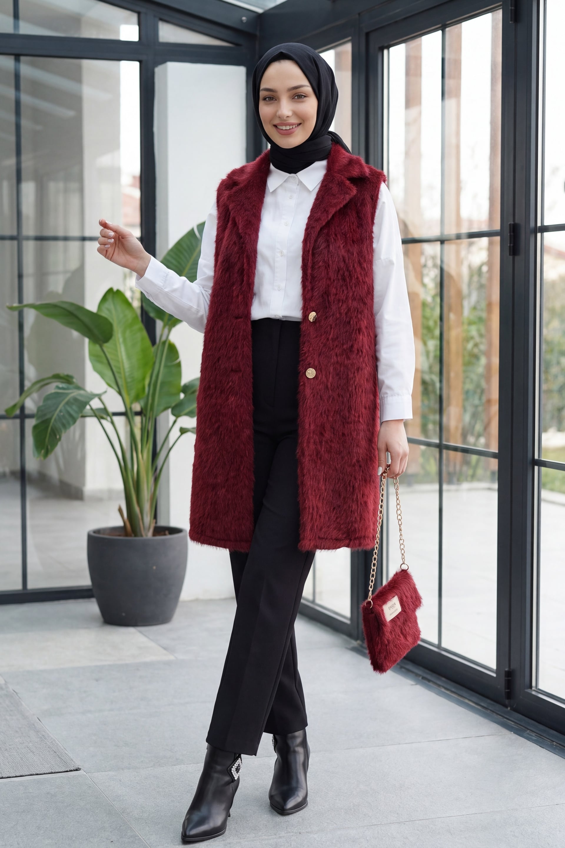 Burgundy Faux Fur Shaggy Vest with Bag Accessory and Lapel Collar - Podyumplus - by Peralane - photo 2