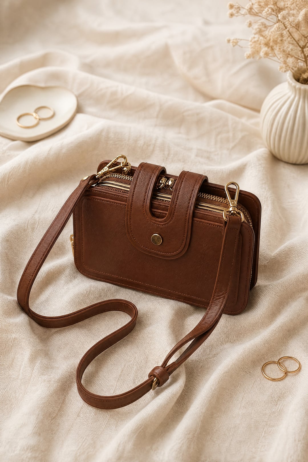 Gold Detail Multi-Functional Hand and Shoulder Bag - Tan - Podyumplus - by Peralane