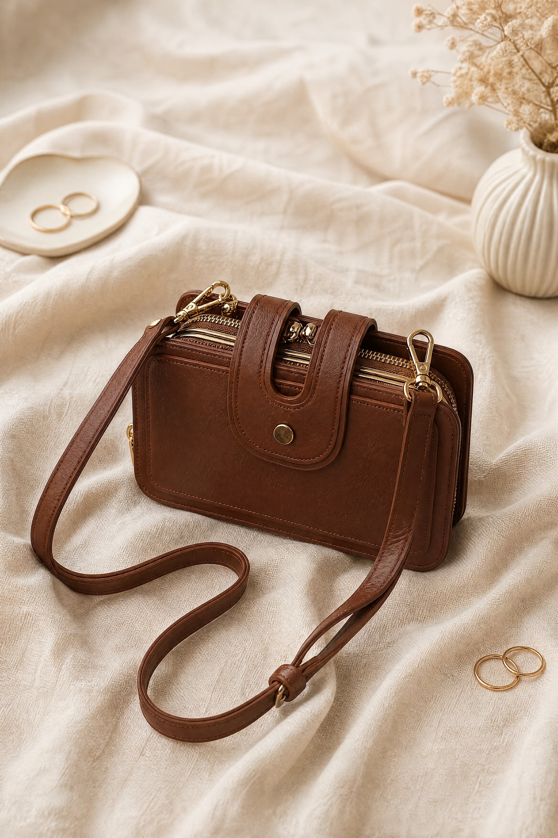 Gold Detail Multi-Functional Hand and Shoulder Bag - Tan - Podyumplus - by Peralane