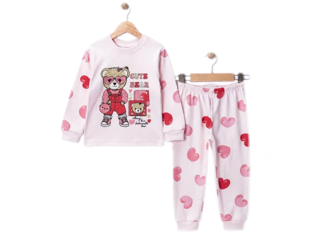 Girls' Heart Print Pyjama Set with Bear Graphic - Supermini - by Peralane