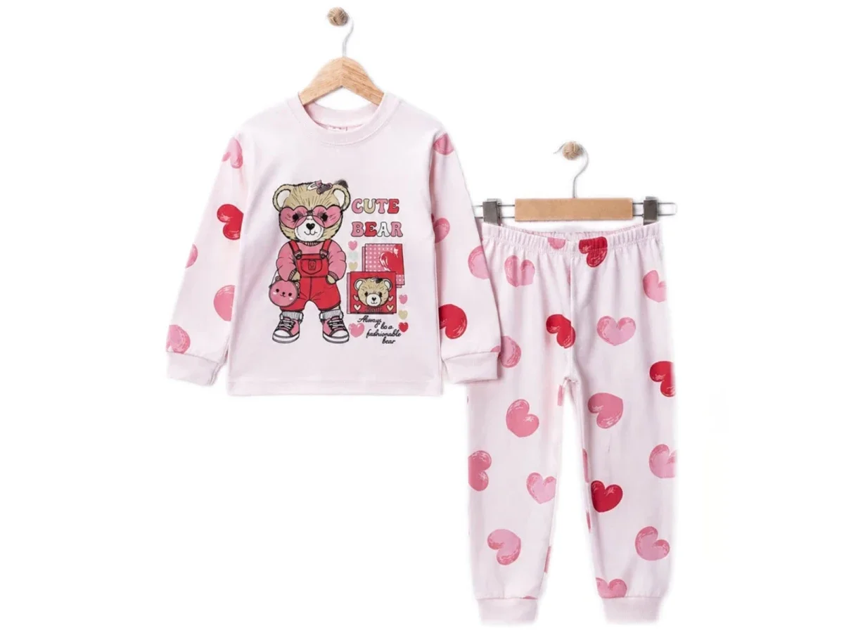 Girls' Heart Print Pyjama Set with Bear Graphic - Supermini - by Peralane