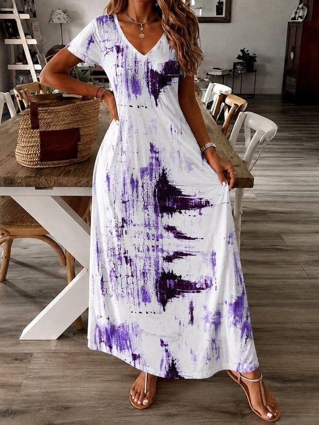 Women's Short Sleeve V-Neck Patterned Long Suprem Dress - Janes - by Peralane - photo 2