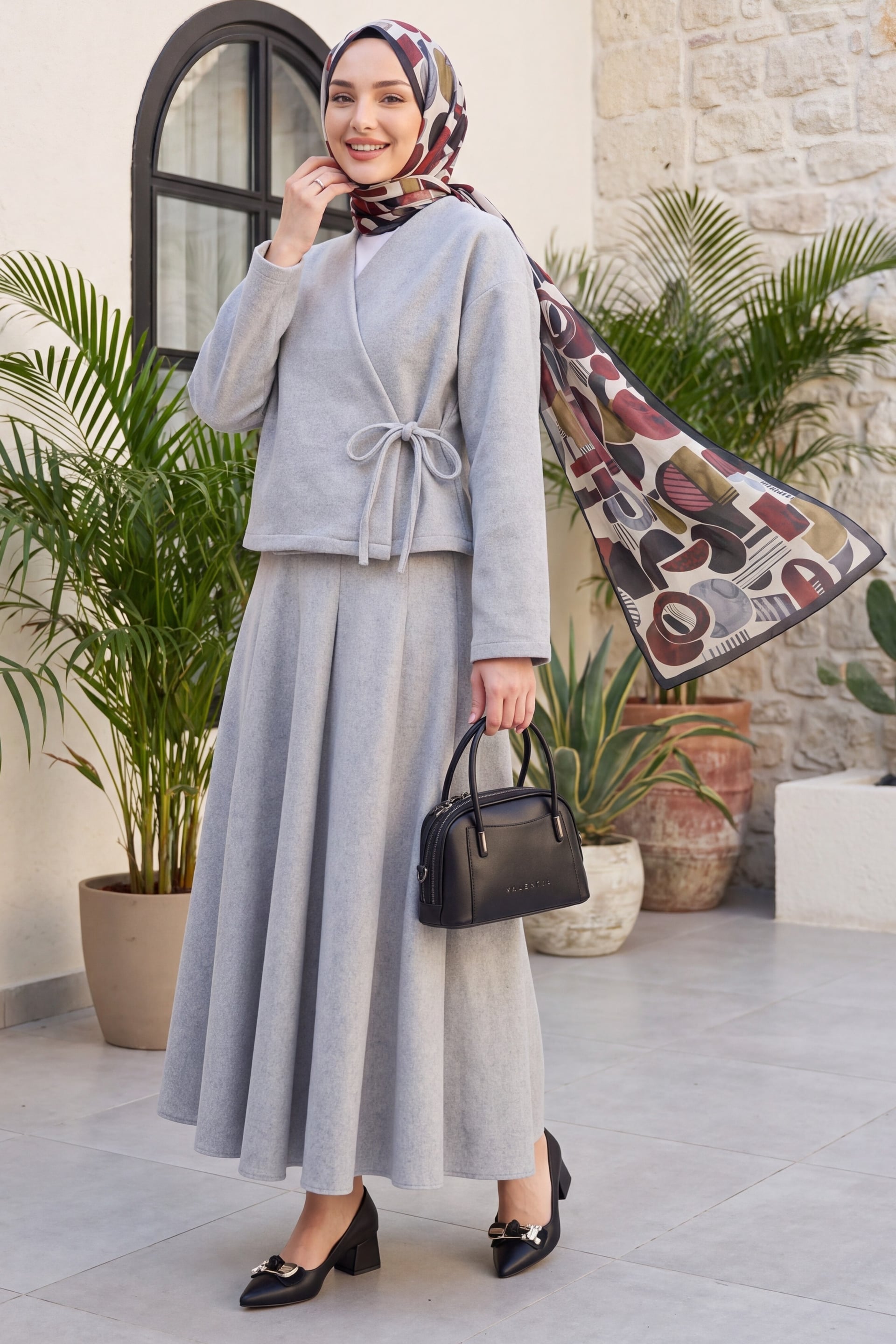 Front-Tie Pleated Skirt and Kimono Jacket Set in Grey - Podyumplus - by Peralane