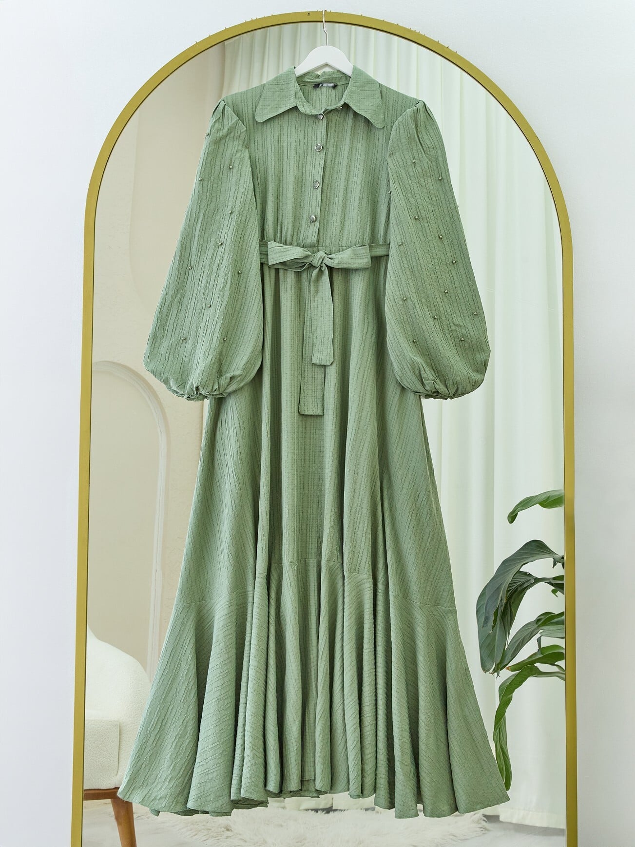 Pearl Detail Balloon Sleeve Crinkle Dress - Sage Green - Podyumplus - by Peralane - photo 7