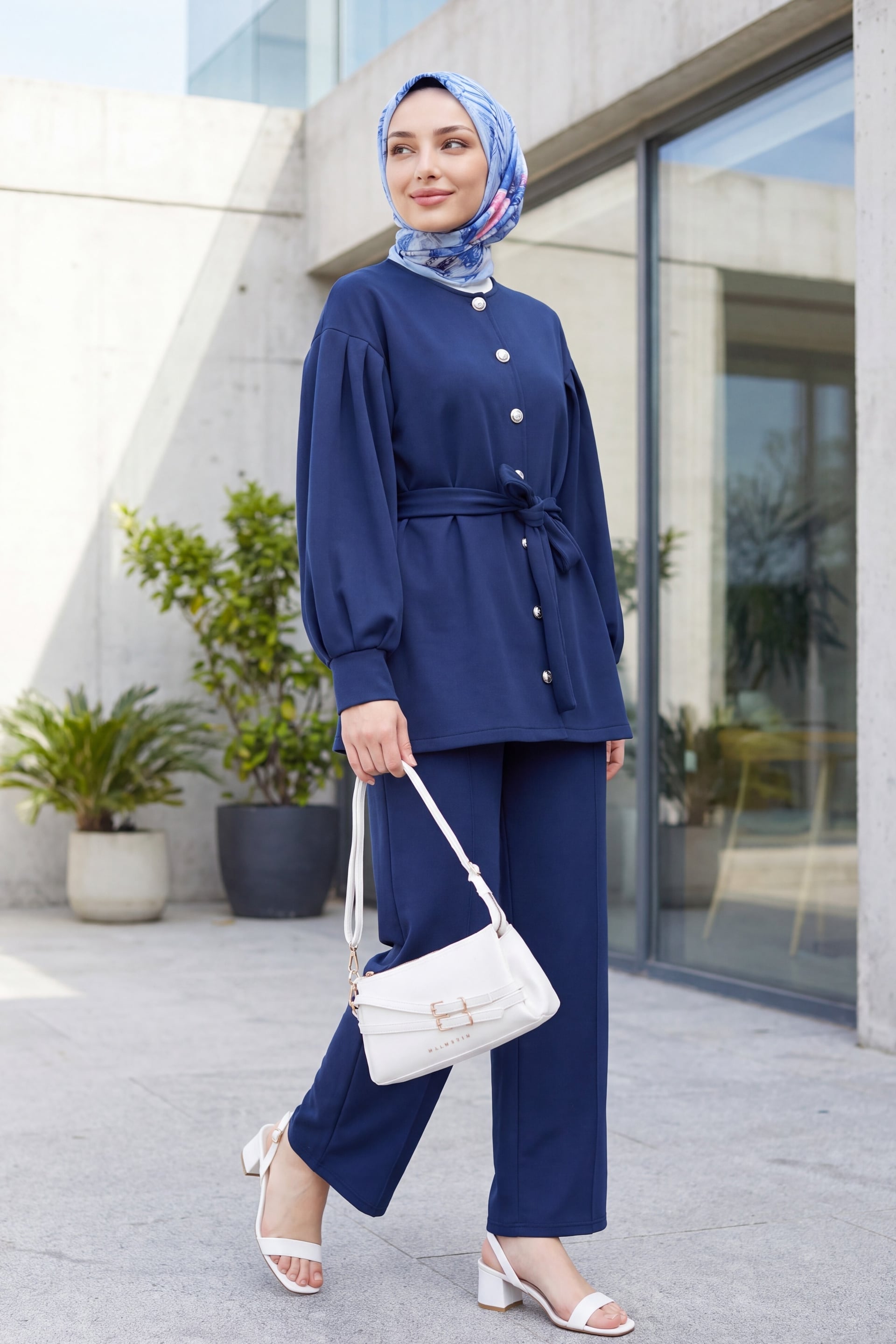 Navy Blue Belted Button-Front Scuba Trousers Set - Podyumplus - by Peralane - photo 3