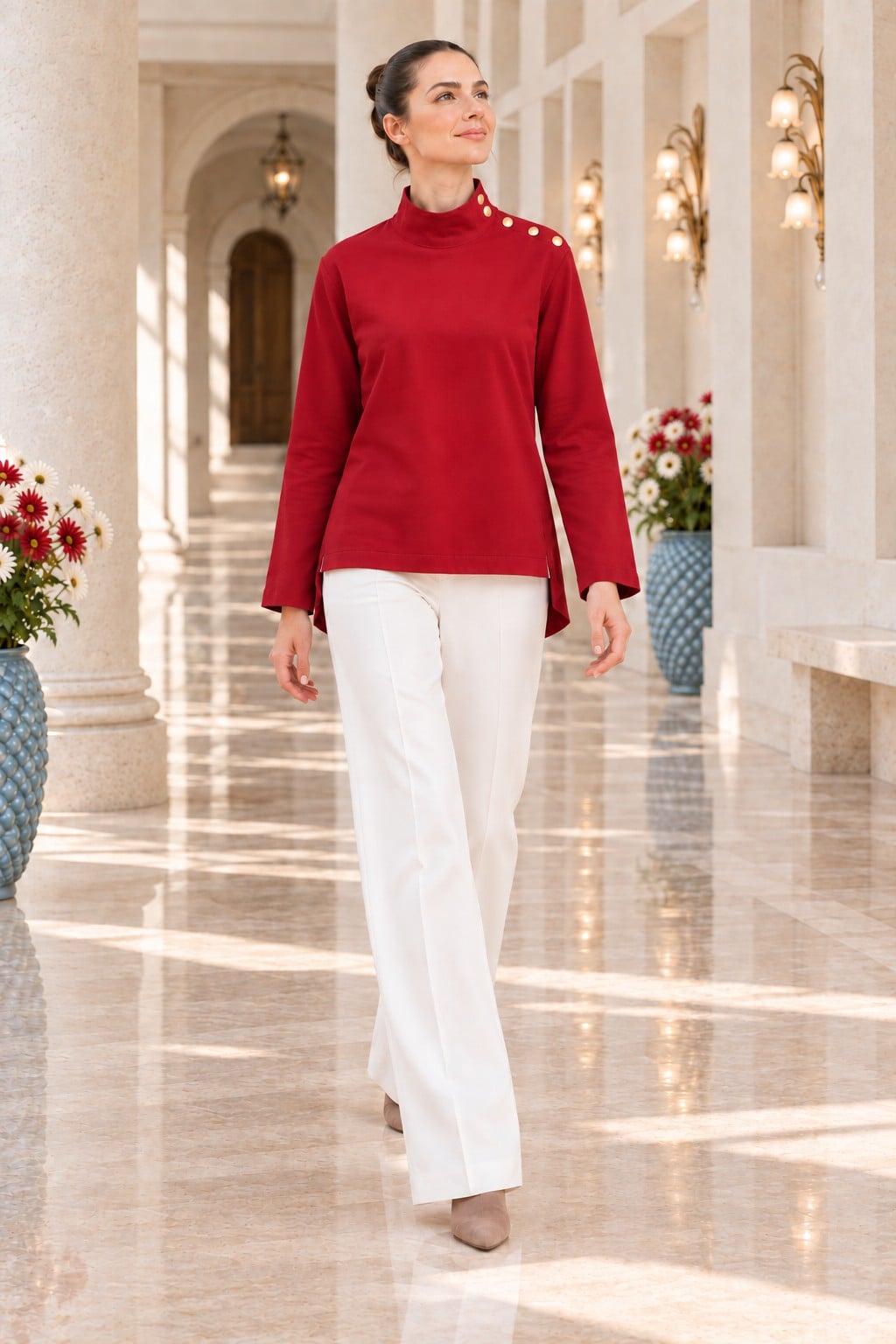 High Neck Blouse with Shoulder Snaps - Cherry Red - Xlove - by Peralane - photo 2