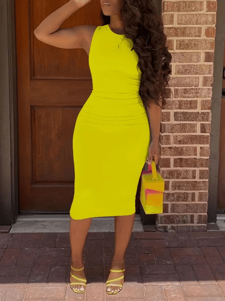 Women's Sleeveless Bodycon Midi Dress in Bright Yellow with Side Ruching - Janes - by Peralane - photo 2