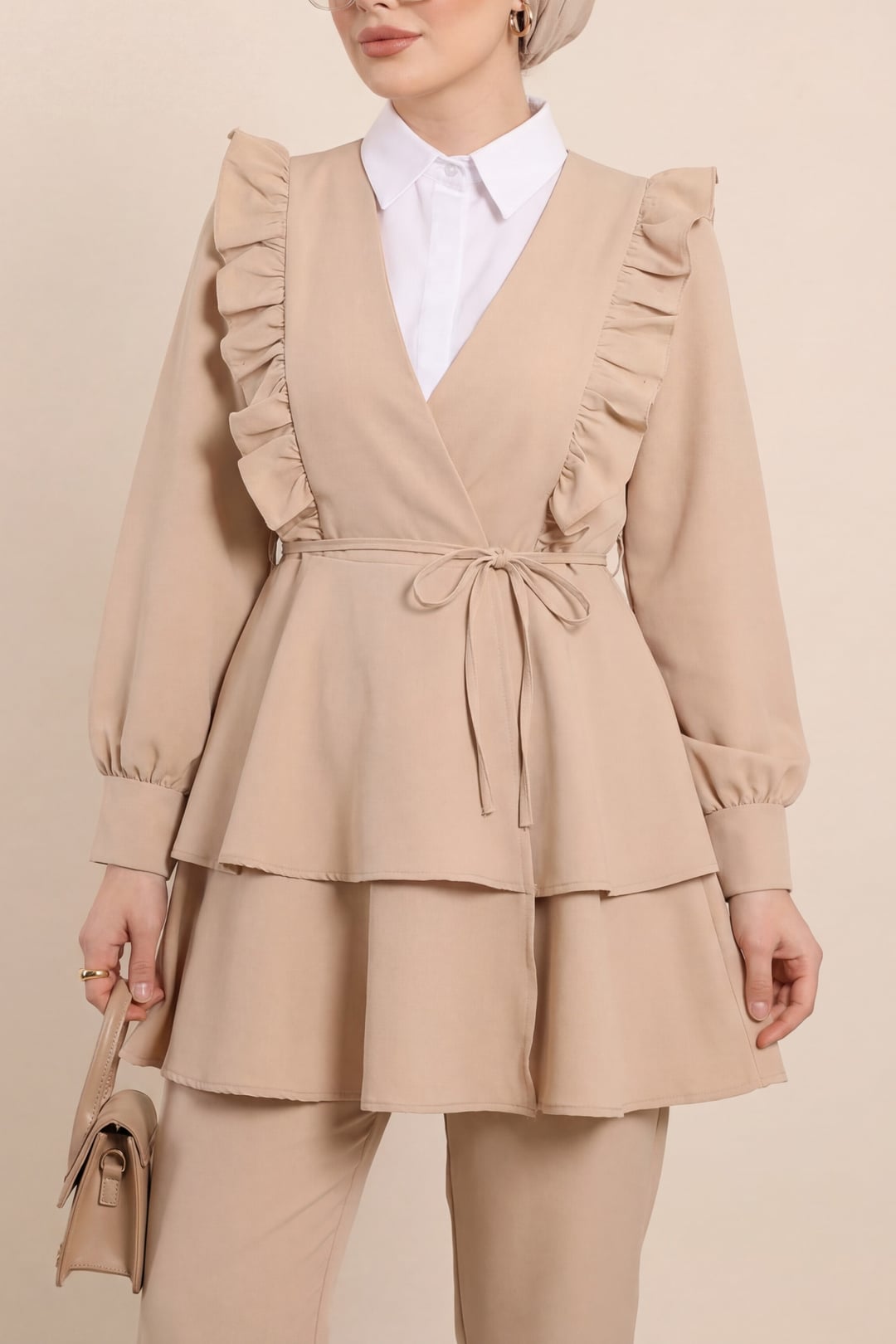 Ruffle Trim Tie-Front Kimono Set with Tiered Trousers - Beige - Podyumplus - by Peralane - photo 2