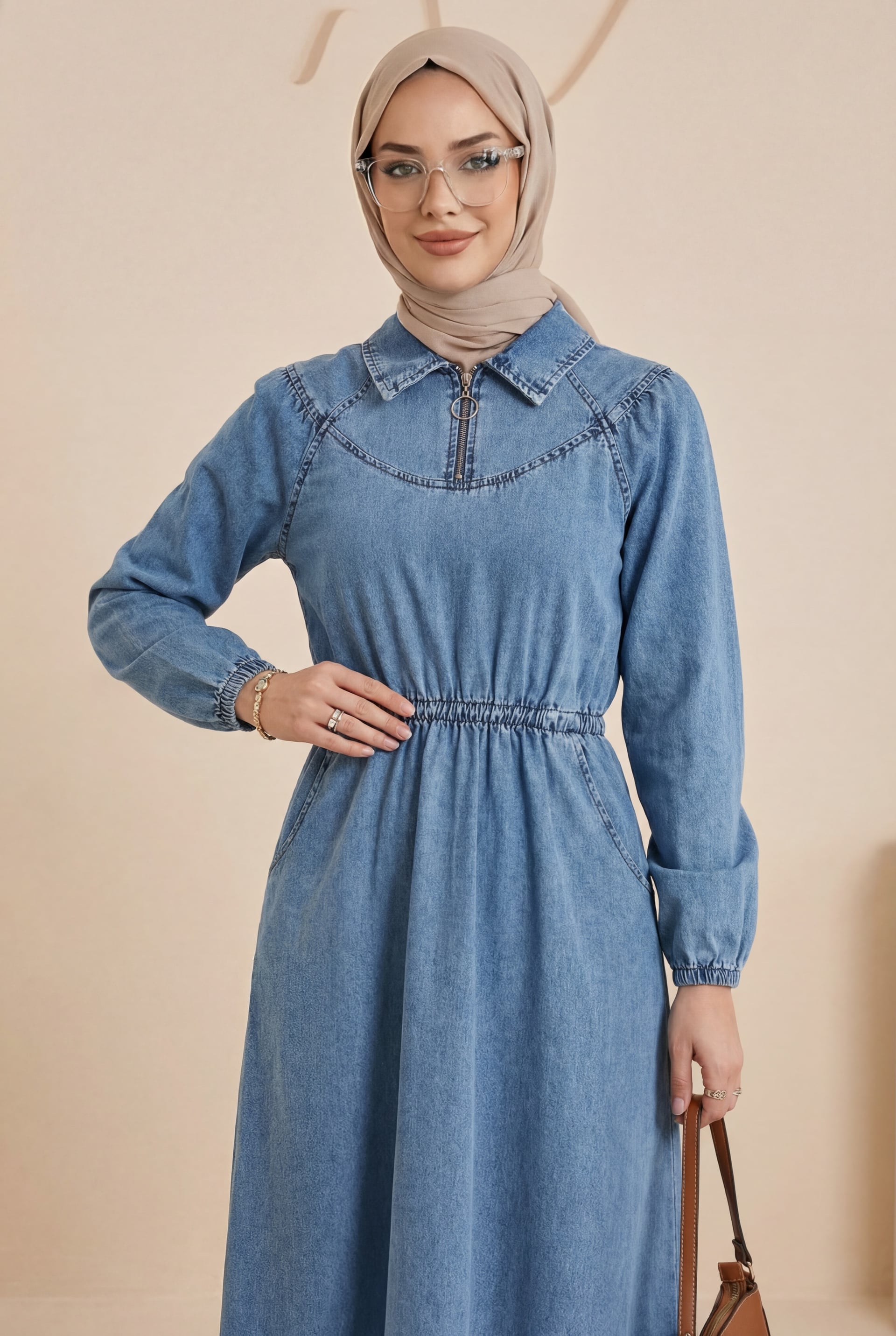 Zip-Collar Elastic Waist Denim Dress with Pockets - Ice Blue - Podyumplus - by Peralane - photo 2