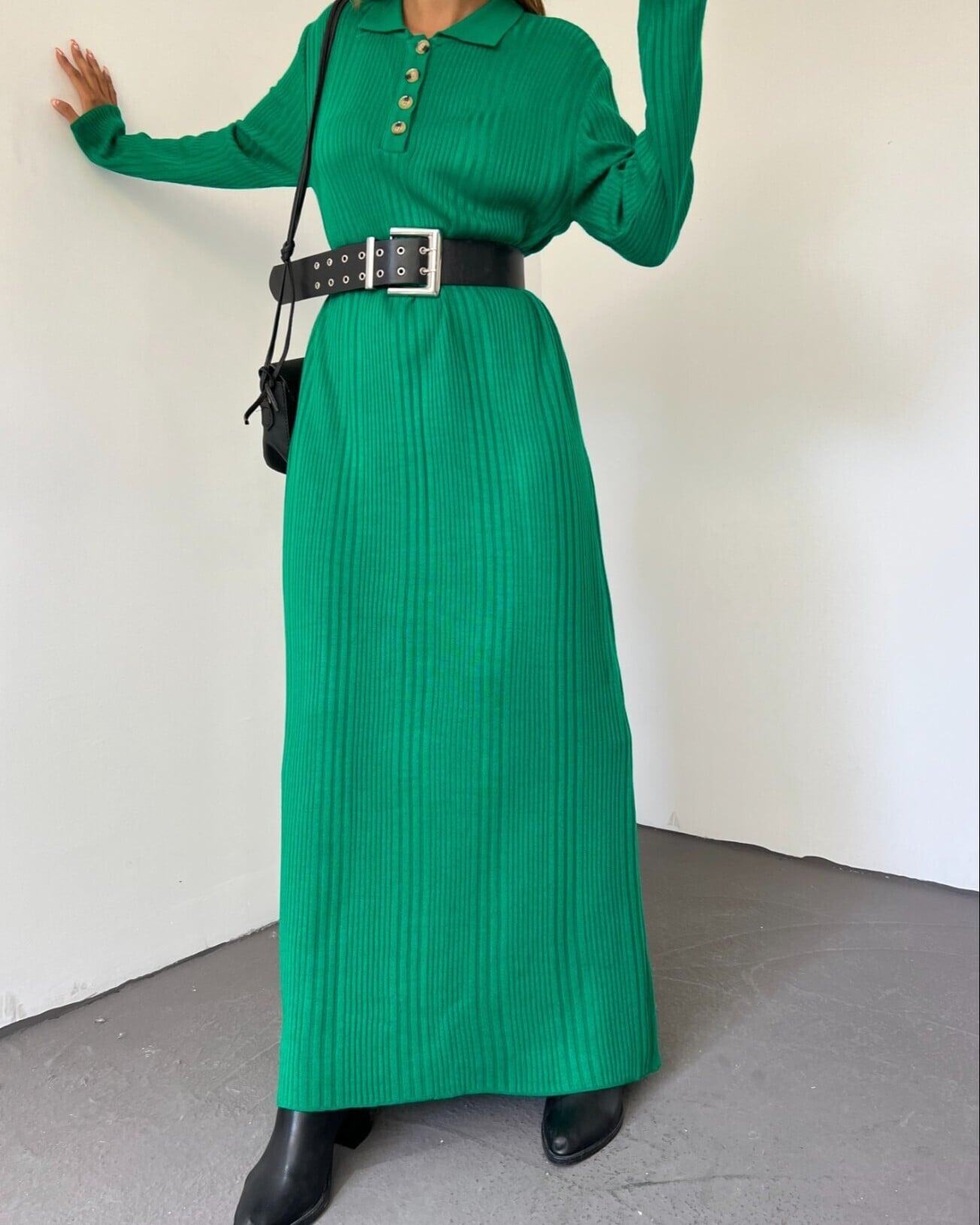 Polo Collar Buttoned Knit Dress - Green - Podyumplus - by Peralane - photo 3