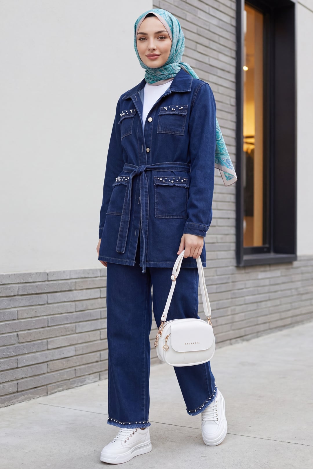 Stone Detail Denim Jacket and Trousers Co-ord Set - Navy - Podyumplus - by Peralane - photo 3