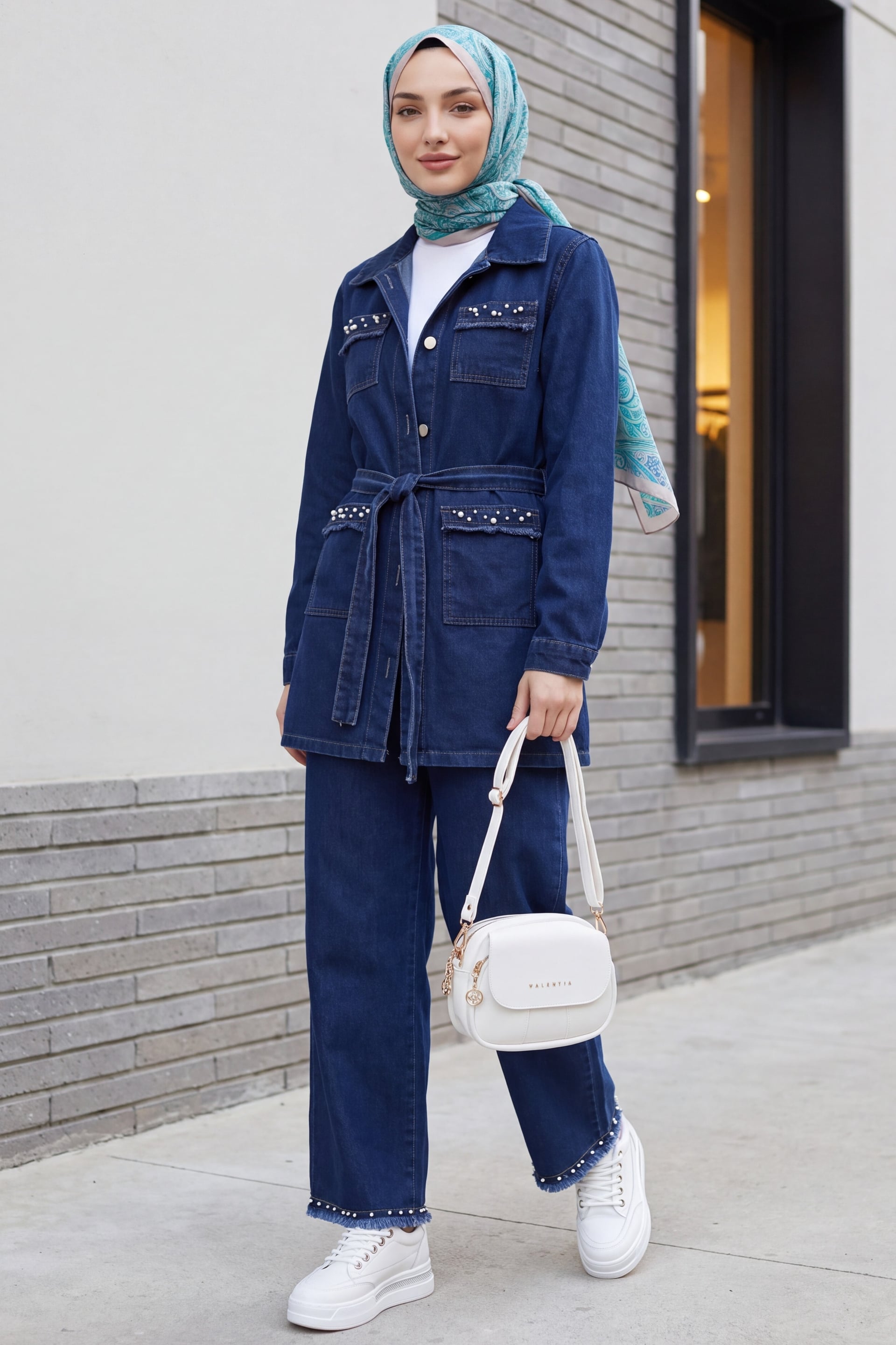 Stone Detail Denim Jacket and Trousers Co-ord Set - Navy - Podyumplus - by Peralane - photo 3